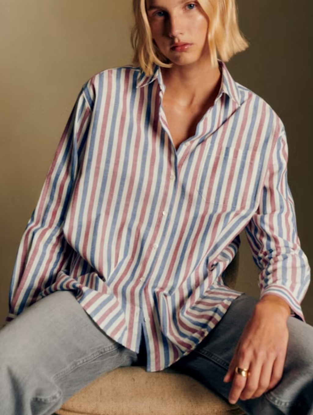 Sezane Ecru Blue Burgundy Striped Max Shirt Size 40